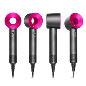High‑efficiency ionic hair dryer in multiple colours (rose pink, gold, red, hot pink and purple)