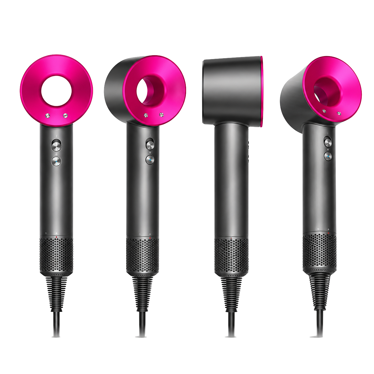 High‑efficiency ionic hair dryer in multiple colours (rose pink, gold, red, hot pink and purple)