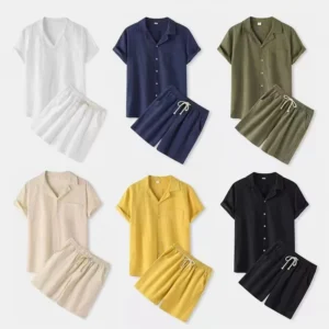 Linen‑Blend Lapel Shirt & Shorts Set for Men